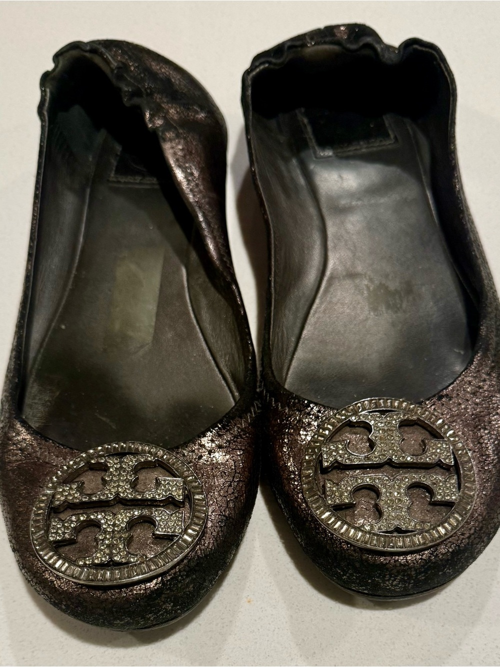 Tory Burch Shimmery Dark Bronze Logo Ballet Flats